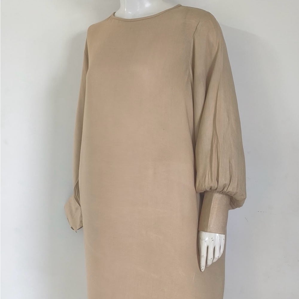 Tan Dress with Bishop Sleeves and Crew Neck with matching pants